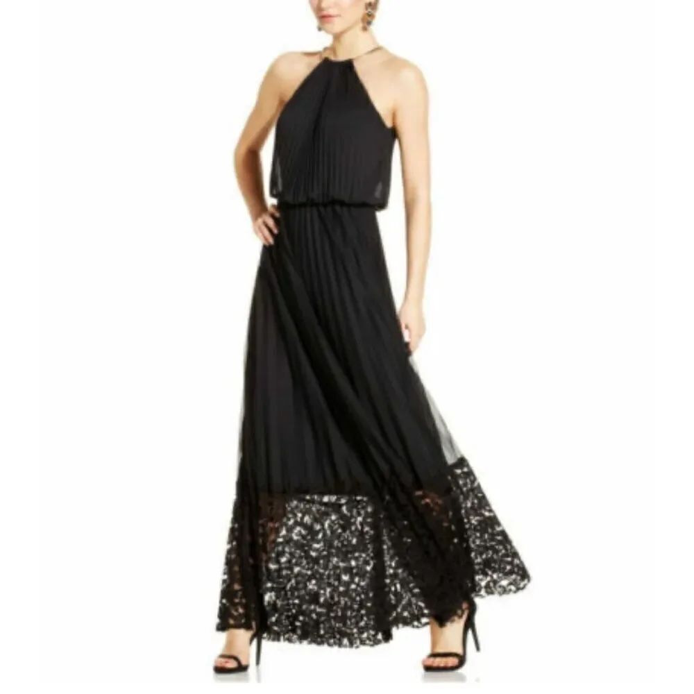 Xscape Joana Chen black lace hem accordion pleat halter gown 2